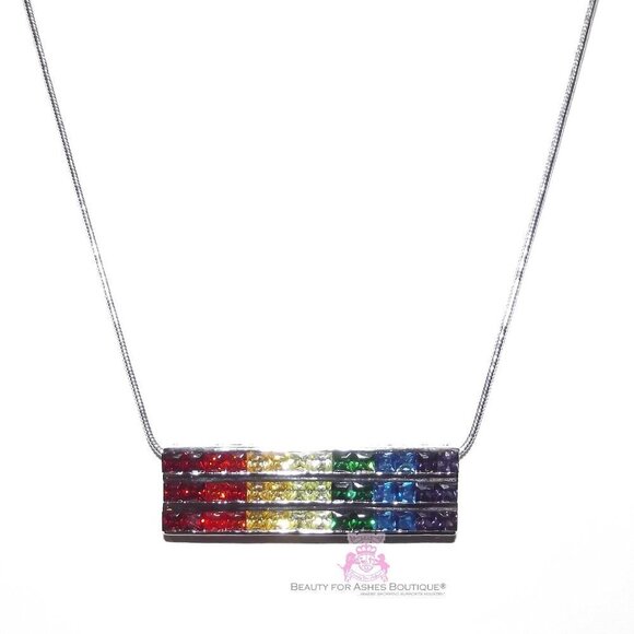 7 Colors Gods Promise Rainbow Cubic Zirconia CZ Triple Multi 3 Row Bar Necklace - Picture 7 of 9